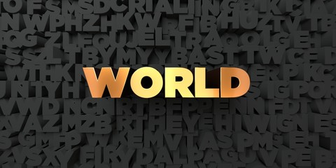 World - Gold text on black background - 3D rendered royalty free stock picture. This image can be used for an online website banner ad or a print postcard.