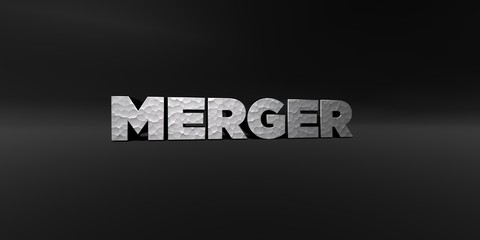 MERGER - hammered metal finish text on black studio - 3D rendered royalty free stock photo. This image can be used for an online website banner ad or a print postcard.