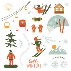 Ski Resort, set of vector illustrations, design elements