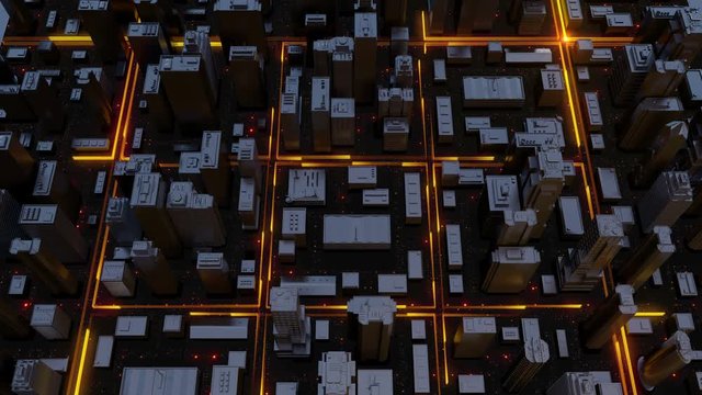 
Digital 3d rendering city. Light trails symbolise data travelling in modern city. Flowing data particles and random shapes. Loopable sequence.