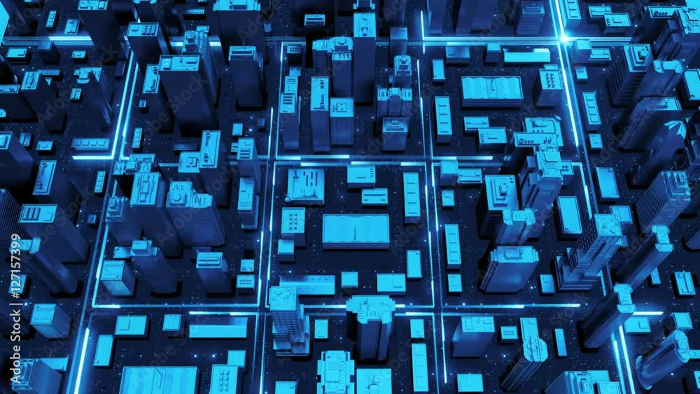 Poster digital 3d rendering city. light trails symbolise data travelling in modern city. flowing data parti