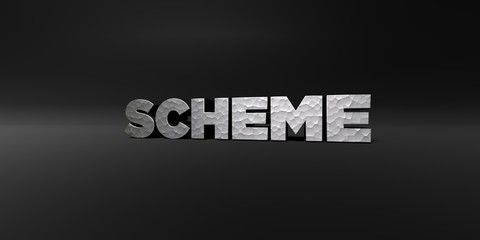 SCHEME - hammered metal finish text on black studio - 3D rendered royalty free stock photo. This image can be used for an online website banner ad or a print postcard.