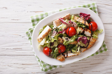 Tasty salad of grilled chicken, tomatoes and herbs with balsamic sauce. Horizontal top view