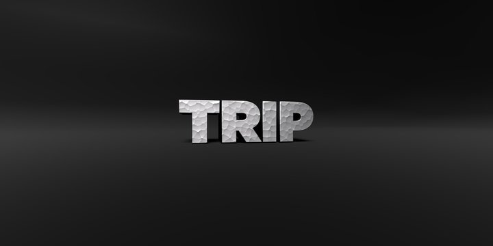 TRIP - hammered metal finish text on black studio - 3D rendered royalty free stock photo. This image can be used for an online website banner ad or a print postcard.