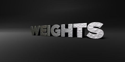 WEIGHTS - hammered metal finish text on black studio - 3D rendered royalty free stock photo. This image can be used for an online website banner ad or a print postcard.