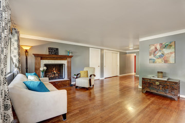 Living room interior with polished hardwood floor