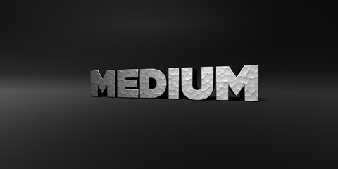 MEDIUM - hammered metal finish text on black studio - 3D rendered royalty free stock photo. This image can be used for an online website banner ad or a print postcard.