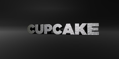 CUPCAKE - hammered metal finish text on black studio - 3D rendered royalty free stock photo. This image can be used for an online website banner ad or a print postcard.