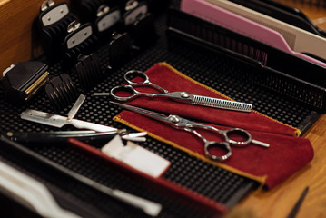 Top view of professional barbers equipment