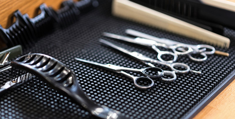 Top view of professional barbers equipment