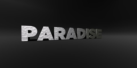 PARADISE - hammered metal finish text on black studio - 3D rendered royalty free stock photo. This image can be used for an online website banner ad or a print postcard.
