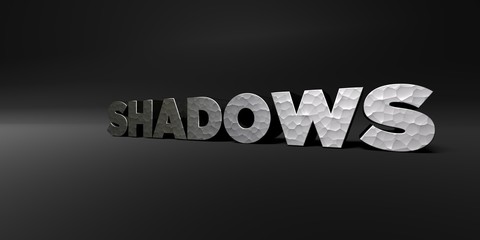 SHADOWS - hammered metal finish text on black studio - 3D rendered royalty free stock photo. This image can be used for an online website banner ad or a print postcard.