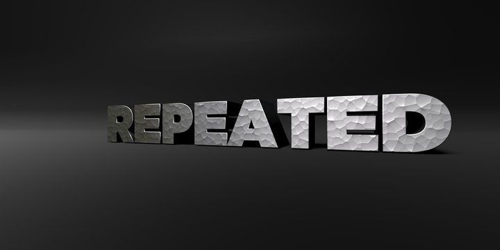 REPEATED - hammered metal finish text on black studio - 3D rendered royalty free stock photo. This image can be used for an online website banner ad or a print postcard.