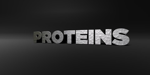 PROTEINS - hammered metal finish text on black studio - 3D rendered royalty free stock photo. This image can be used for an online website banner ad or a print postcard.