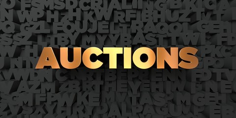 Auctions - Gold text on black background - 3D rendered royalty free stock picture. This image can be used for an online website banner ad or a print postcard.