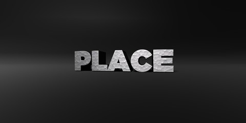 PLACE - hammered metal finish text on black studio - 3D rendered royalty free stock photo. This image can be used for an online website banner ad or a print postcard.