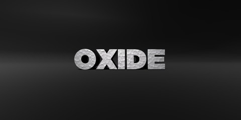 OXIDE - hammered metal finish text on black studio - 3D rendered royalty free stock photo. This image can be used for an online website banner ad or a print postcard.