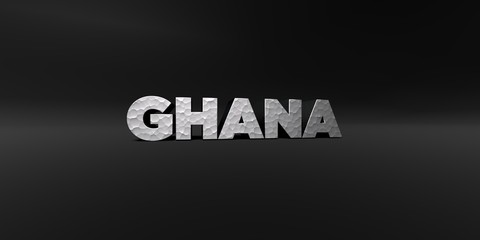 GHANA - hammered metal finish text on black studio - 3D rendered royalty free stock photo. This image can be used for an online website banner ad or a print postcard.