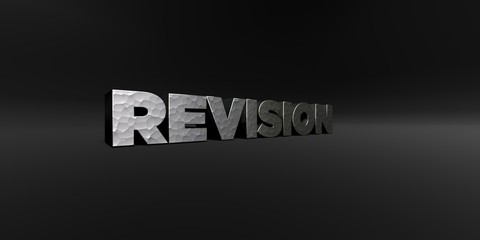 REVISION - hammered metal finish text on black studio - 3D rendered royalty free stock photo. This image can be used for an online website banner ad or a print postcard.