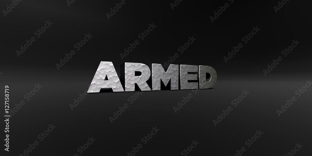 Fototapete armed - hammered metal finish text on black studio - 3d rendered royalty free stock photo. this imag