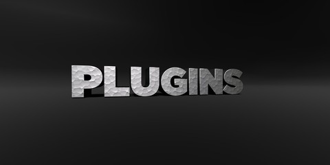PLUGINS - hammered metal finish text on black studio - 3D rendered royalty free stock photo. This image can be used for an online website banner ad or a print postcard.