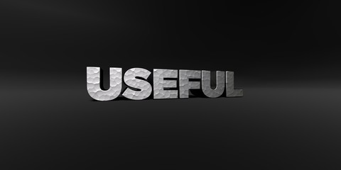 USEFUL - hammered metal finish text on black studio - 3D rendered royalty free stock photo. This image can be used for an online website banner ad or a print postcard.