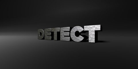 DETECT - hammered metal finish text on black studio - 3D rendered royalty free stock photo. This image can be used for an online website banner ad or a print postcard.