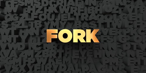 Fork - Gold text on black background - 3D rendered royalty free stock picture. This image can be used for an online website banner ad or a print postcard.