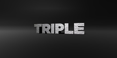 TRIPLE - hammered metal finish text on black studio - 3D rendered royalty free stock photo. This image can be used for an online website banner ad or a print postcard.