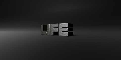 LIFE - hammered metal finish text on black studio - 3D rendered royalty free stock photo. This image can be used for an online website banner ad or a print postcard.