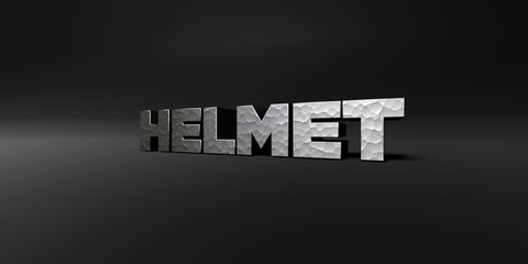 HELMET - hammered metal finish text on black studio - 3D rendered royalty free stock photo. This image can be used for an online website banner ad or a print postcard.