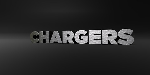 CHARGERS - hammered metal finish text on black studio - 3D rendered royalty free stock photo. This image can be used for an online website banner ad or a print postcard.