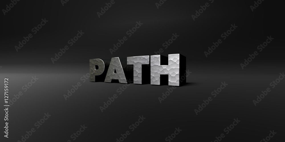 Fototapete path - hammered metal finish text on black studio - 3d rendered royalty free stock photo. this image