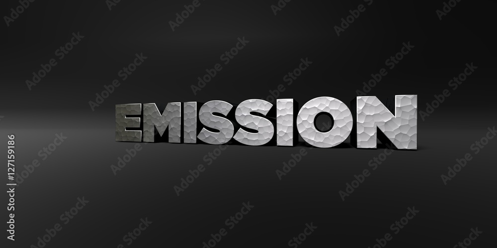 Fototapete emission - hammered metal finish text on black studio - 3d rendered royalty free stock photo. this i