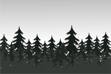 landscape with fir trees, forest background, hand drawn vector illustration - obrazy, fototapety, plakaty