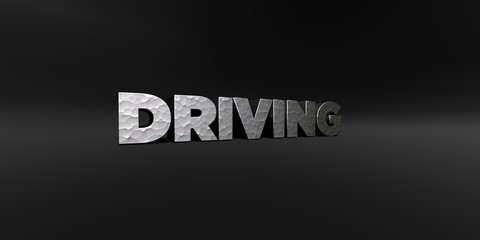DRIVING - hammered metal finish text on black studio - 3D rendered royalty free stock photo. This image can be used for an online website banner ad or a print postcard.