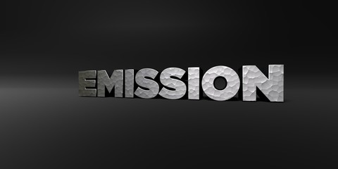 Obraz premium EMISSION - hammered metal finish text on black studio - 3D rendered royalty free stock photo. This image can be used for an online website banner ad or a print postcard.