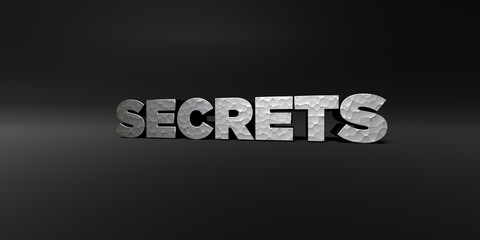 SECRETS - hammered metal finish text on black studio - 3D rendered royalty free stock photo. This image can be used for an online website banner ad or a print postcard.