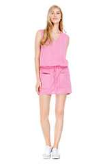 Fashion photo of young magnificent woman wearing fashionable summer clothes