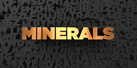 Minerals - Gold text on black background - 3D rendered royalty free stock picture. This image can be used for an online website banner ad or a print postcard.