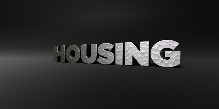 HOUSING - hammered metal finish text on black studio - 3D rendered royalty free stock photo. This image can be used for an online website banner ad or a print postcard.