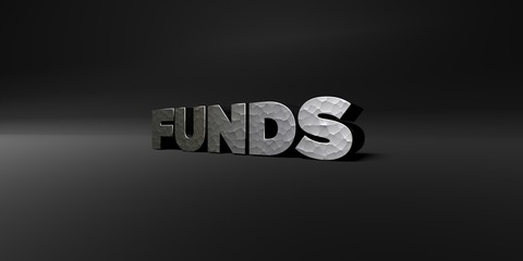 FUNDS - hammered metal finish text on black studio - 3D rendered royalty free stock photo. This image can be used for an online website banner ad or a print postcard.