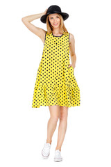 Fashion photo of young magnificent woman wearing fashionable summer clothes