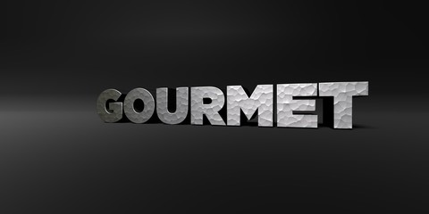 GOURMET - hammered metal finish text on black studio - 3D rendered royalty free stock photo. This image can be used for an online website banner ad or a print postcard.