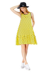 Fashion photo of young magnificent woman wearing fashionable summer clothes