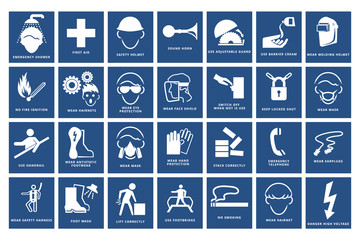 Mandatory signs , Construction health and safety sign used in industrial applications.(safety helmet, gloves, ear protection, eye protection, foot protection)