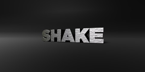SHAKE - hammered metal finish text on black studio - 3D rendered royalty free stock photo. This image can be used for an online website banner ad or a print postcard.
