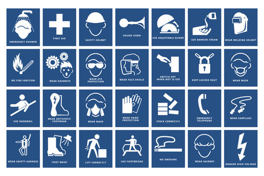 Mandatory signs , Construction health and safety sign used in industrial applications.(safety helmet, gloves, ear protection, eye protection, foot protection)