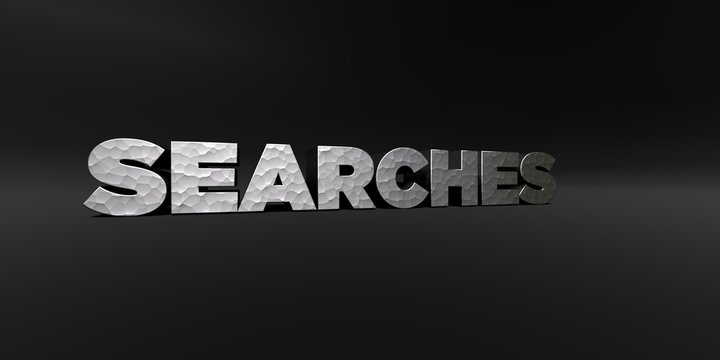 SEARCHES - hammered metal finish text on black studio - 3D rendered royalty free stock photo. This image can be used for an online website banner ad or a print postcard.