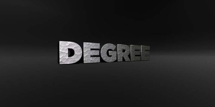 DEGREE - hammered metal finish text on black studio - 3D rendered royalty free stock photo. This image can be used for an online website banner ad or a print postcard.